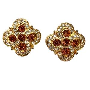 VINTAGE JOAN RIVERS GOLD TONE AND AMBER CLOVER/FLOWER CLIP ON EARRINGS